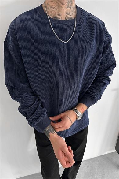 Lacivert Fitilli Kadife Basic Sweat