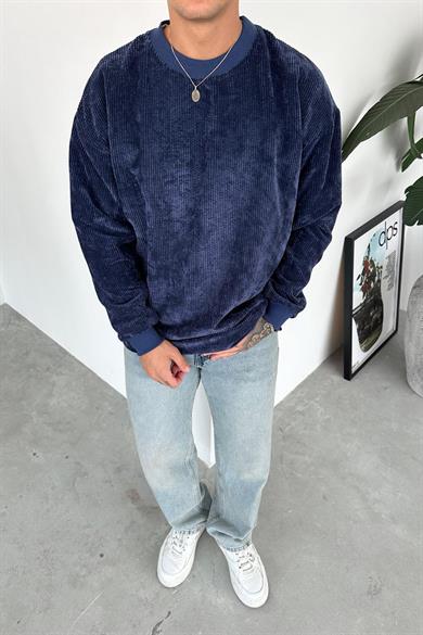Lacivert Fitilli Kadife Basic Sweat