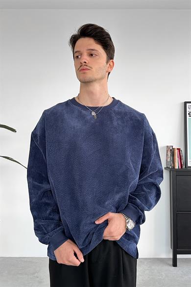 Lacivert Fitilli Kadife Basic Sweat