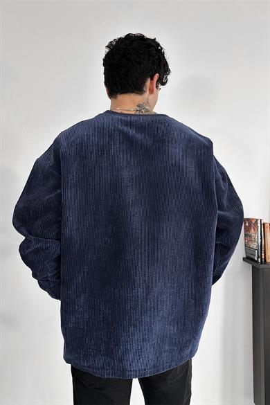 Lacivert Fitilli Kadife Basic Sweat