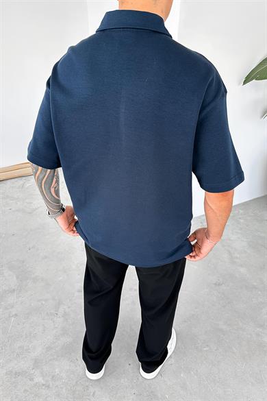 Lacivert Forget Nakış Detay Oversize Polo Yaka Tişört