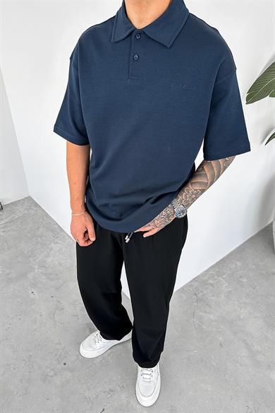 Lacivert Forget Nakış Detay Oversize Polo Yaka Tişört