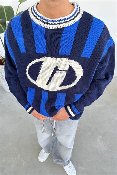 Lacivert Forma Desenli Triko Oversize Kazak