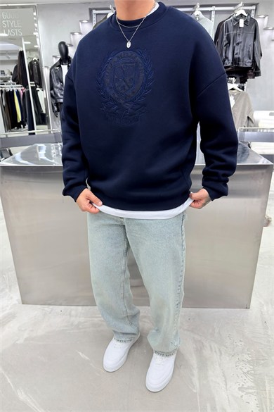 Lacivert Half Nakışlı Oversize Sweatshirt