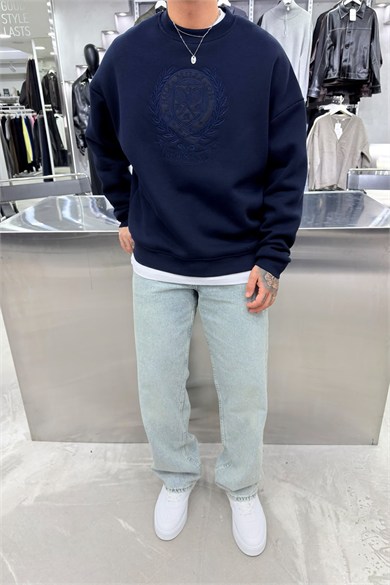 Lacivert Half Nakışlı Oversize Sweatshirt