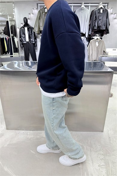 Lacivert Half Nakışlı Oversize Sweatshirt