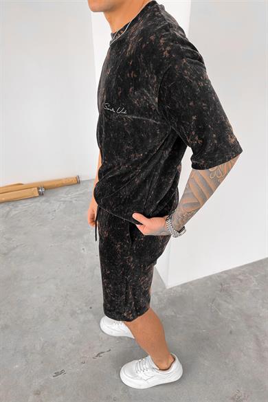 Lacivert İnce Fitilli Batik Nakış Detay Oversize Tişört