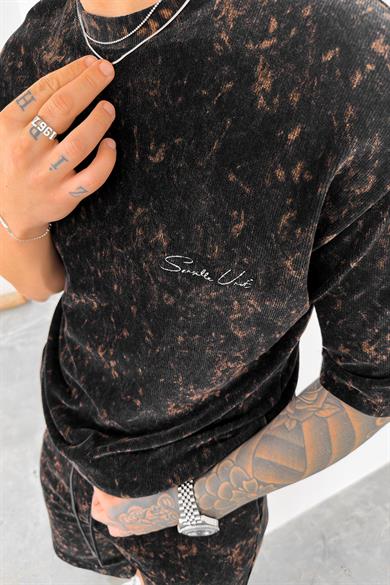 Lacivert İnce Fitilli Batik Nakış Detay Oversize Tişört