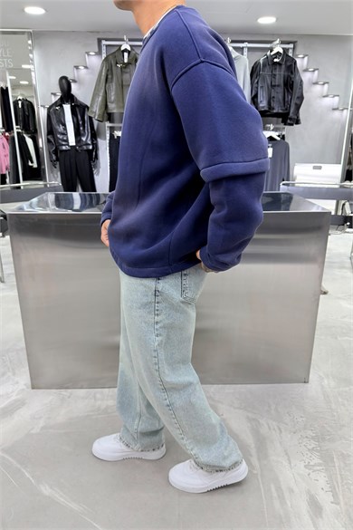 Lacivert Kabartma Detaylı Yıkamalı Boxy Kalıp Sweatshirt