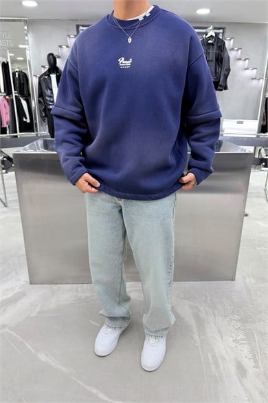 Lacivert Kabartma Detaylı Yıkamalı Boxy Kalıp Sweatshirt