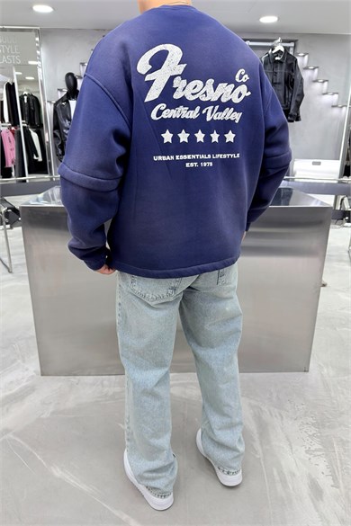 Lacivert Kabartma Detaylı Yıkamalı Boxy Kalıp Sweatshirt