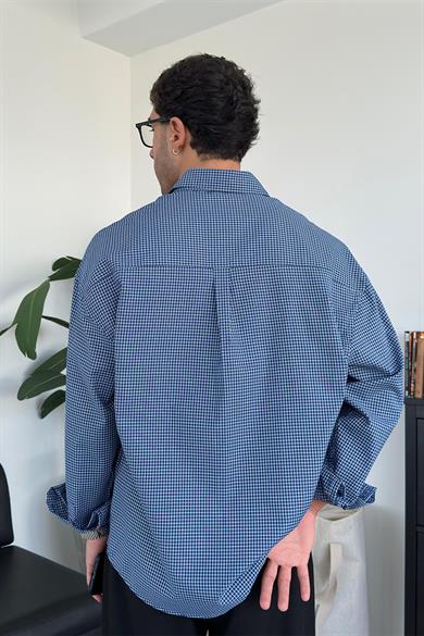 Lacivert Kareli Old School Oversize Gömlek