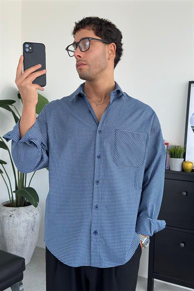 Lacivert Kareli Old School Oversize Gömlek