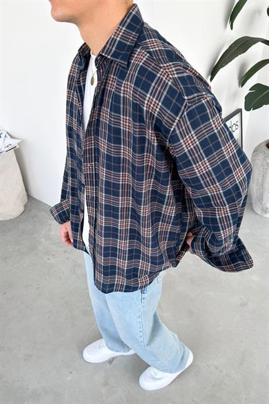 Lacivert Kareli Oversize Oduncu Gömleği