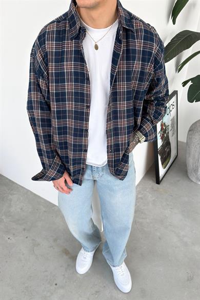 Lacivert Kareli Oversize Oduncu Gömleği