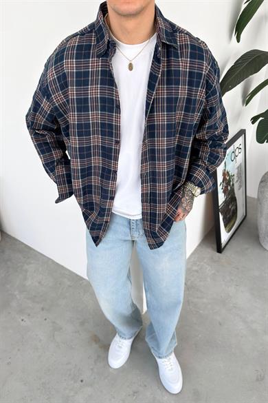 Lacivert Kareli Oversize Oduncu Gömleği