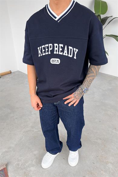 Lacivert Keep Ready V Yaka Detay Oversize Tişört