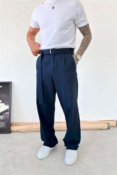 Lacivert Kemer Detaylı Baggy Keten Pantolon