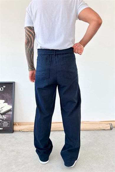 Lacivert Kemer Detaylı Baggy Keten Pantolon