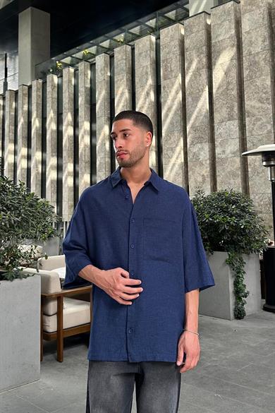 Lacivert Keten Ön Cep Detay L7 BS Oversize Gömlek
