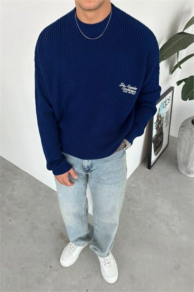 Lacivert Los Angeles Nakış Oversize Triko Kazak