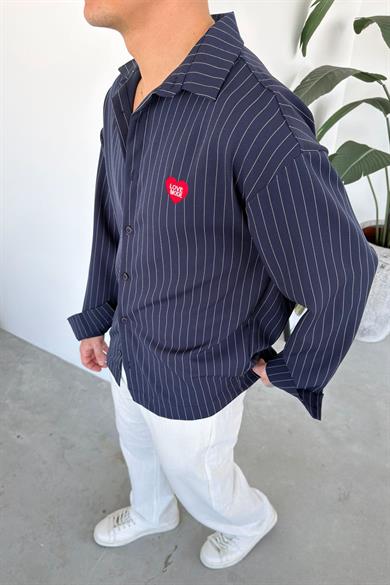 Lacivert Love Mod Nakışlı Çizgili Oversize Gömlek