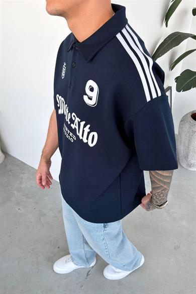 Lacivert Monte Baskılı Oversize Polo Yaka Tişört