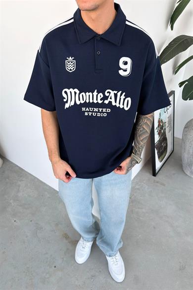 Lacivert Monte Baskılı Oversize Polo Yaka Tişört