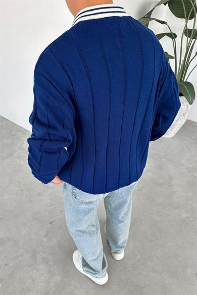 Lacivert Nakış Detay Oversize Polo Yaka Kazak
