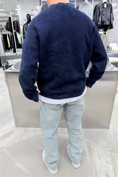 Lacivert Nothing Baskılı Yıkamalı Oversize Sweatshirt