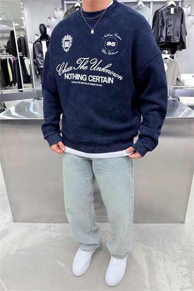 Lacivert Nothing Baskılı Yıkamalı Oversize Sweatshirt