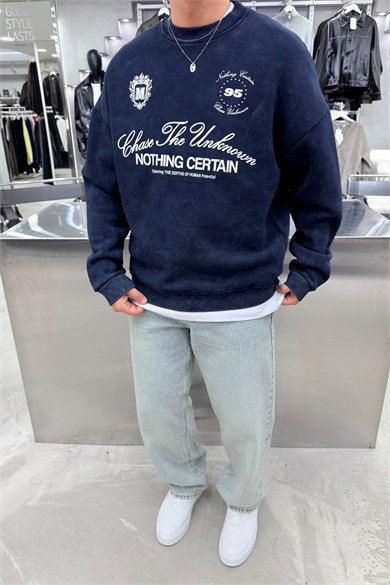 Lacivert Nothing Baskılı Yıkamalı Oversize Sweatshirt