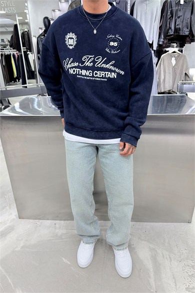 Lacivert Nothing Baskılı Yıkamalı Oversize Sweatshirt