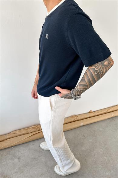 Lacivert Old Money 90s İnce Fitilli Oversize Tişört