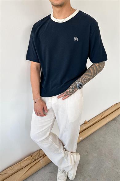 Lacivert Old Money 90s İnce Fitilli Oversize Tişört