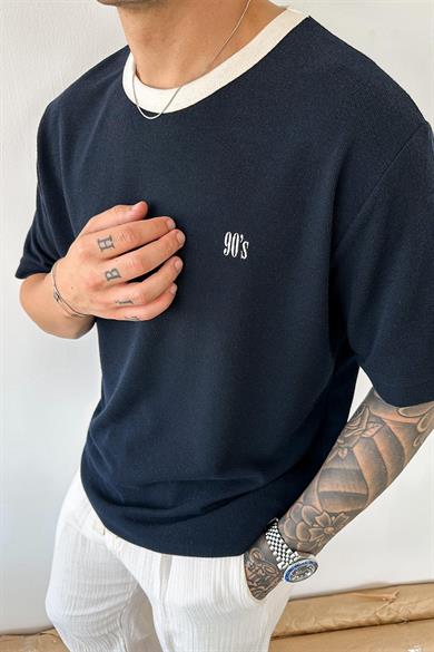 Lacivert Old Money 90s İnce Fitilli Oversize Tişört