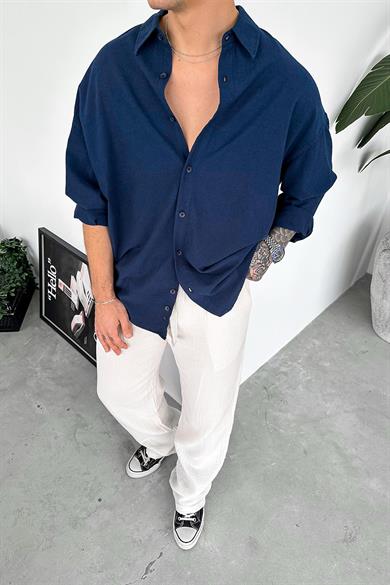 Lacivert Old Money Basic Keten Oversize Gömlek