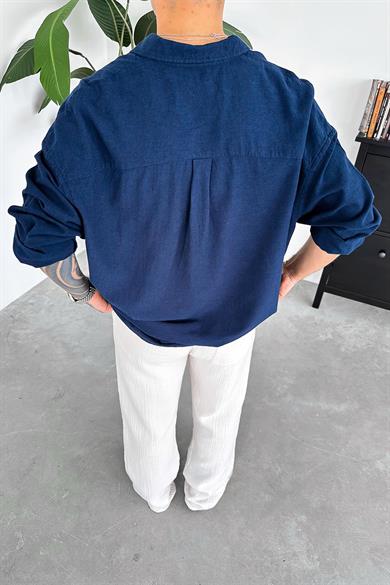 Lacivert Old Money Basic Keten Oversize Gömlek