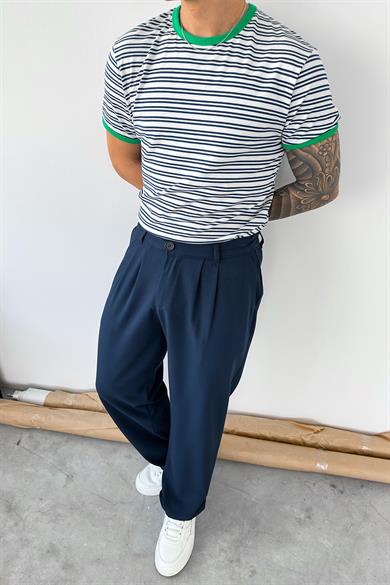 Lacivert Old Money Çizgili Oversize Tişört