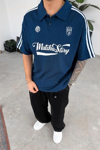 Lacivert Old Money MatchaStory Baskılı Oversize Polo Yaka Tişört
