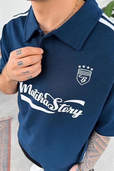 Lacivert Old Money MatchaStory Baskılı Oversize Polo Yaka Tişört