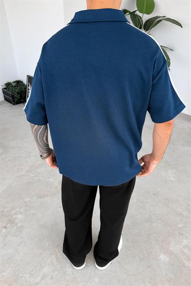Lacivert Old Money MatchaStory Baskılı Oversize Polo Yaka Tişört