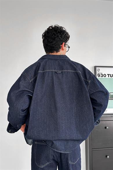 Lacivert Ön Cep Detay Oversize Kot Gömlek