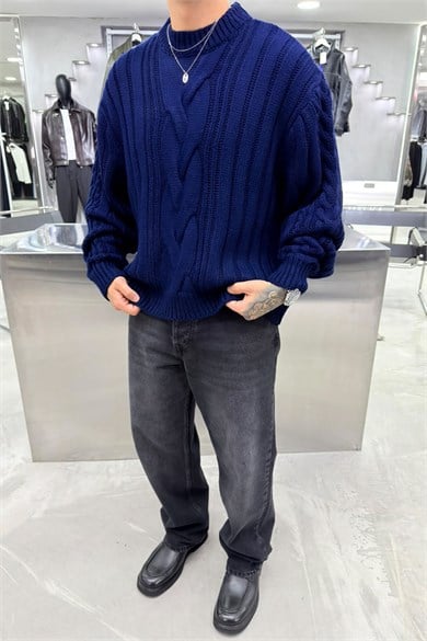 Lacivert Örgü Desen Oversize Triko Kazak