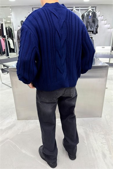 Lacivert Örgü Desen Oversize Triko Kazak