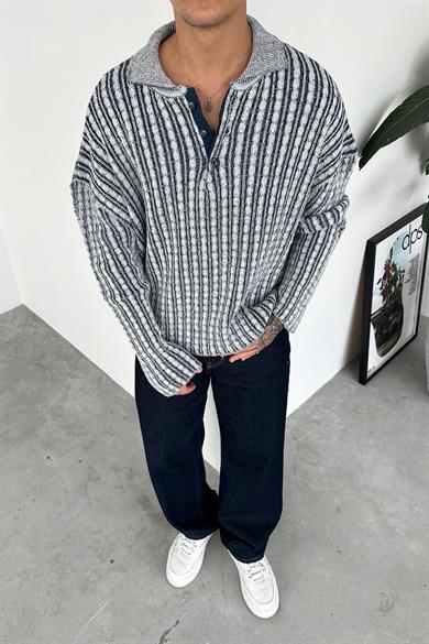 Lacivert Örgü Desenli Premium Oversize Polo Yaka Kazak
