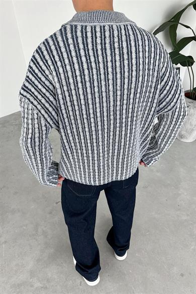 Lacivert Örgü Desenli Premium Oversize Polo Yaka Kazak