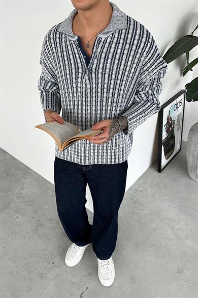 Lacivert Örgü Desenli Premium Oversize Polo Yaka Kazak