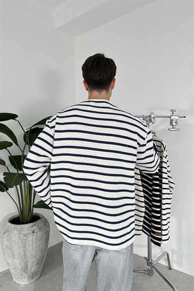 Lacivert Örme Çizgi Detaylı Oversize Sweat