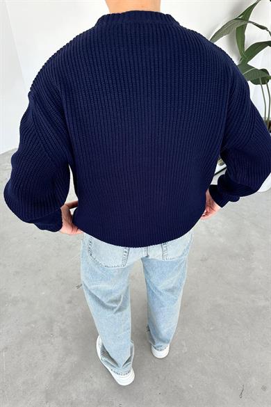Lacivert Örme Desen Oversize Triko Kazak